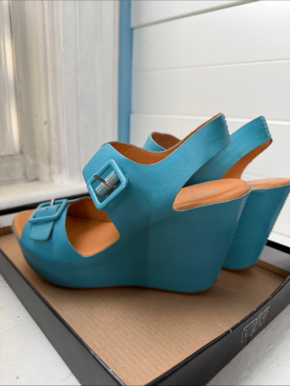 Kork-Ease Turquoise Blue Platform Wedge Sandals with Buckle - Picture 3 of 8